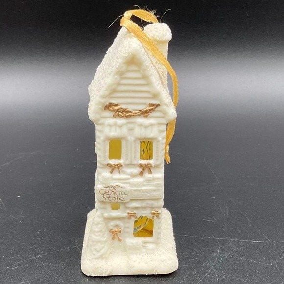 Vintage General Store Christmas Ornament Porcelain Snowy House 7" Gold Accents - Picture 1 of 7